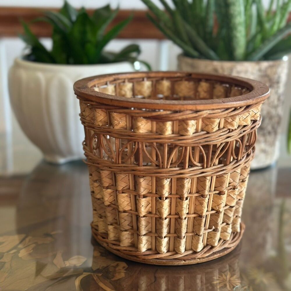 Vintage Woven Rattan & Reed Basket with Wood Base – Loop Trim, Boho Decor